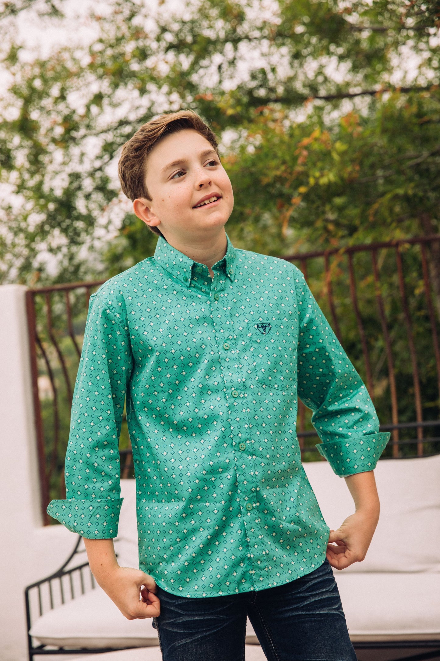 Kid's Cotton Green Monogram Digital Print Dress Shirt