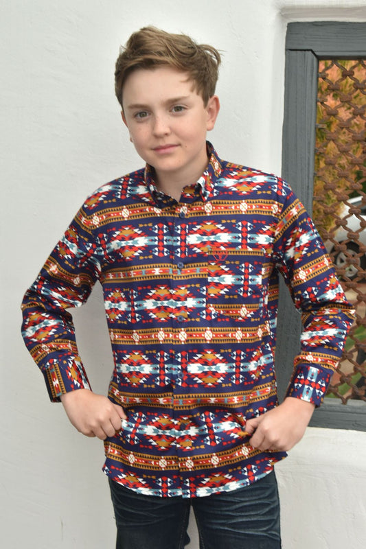 Kid's Cotton Navy Aztec Digital Print Dress Shirt