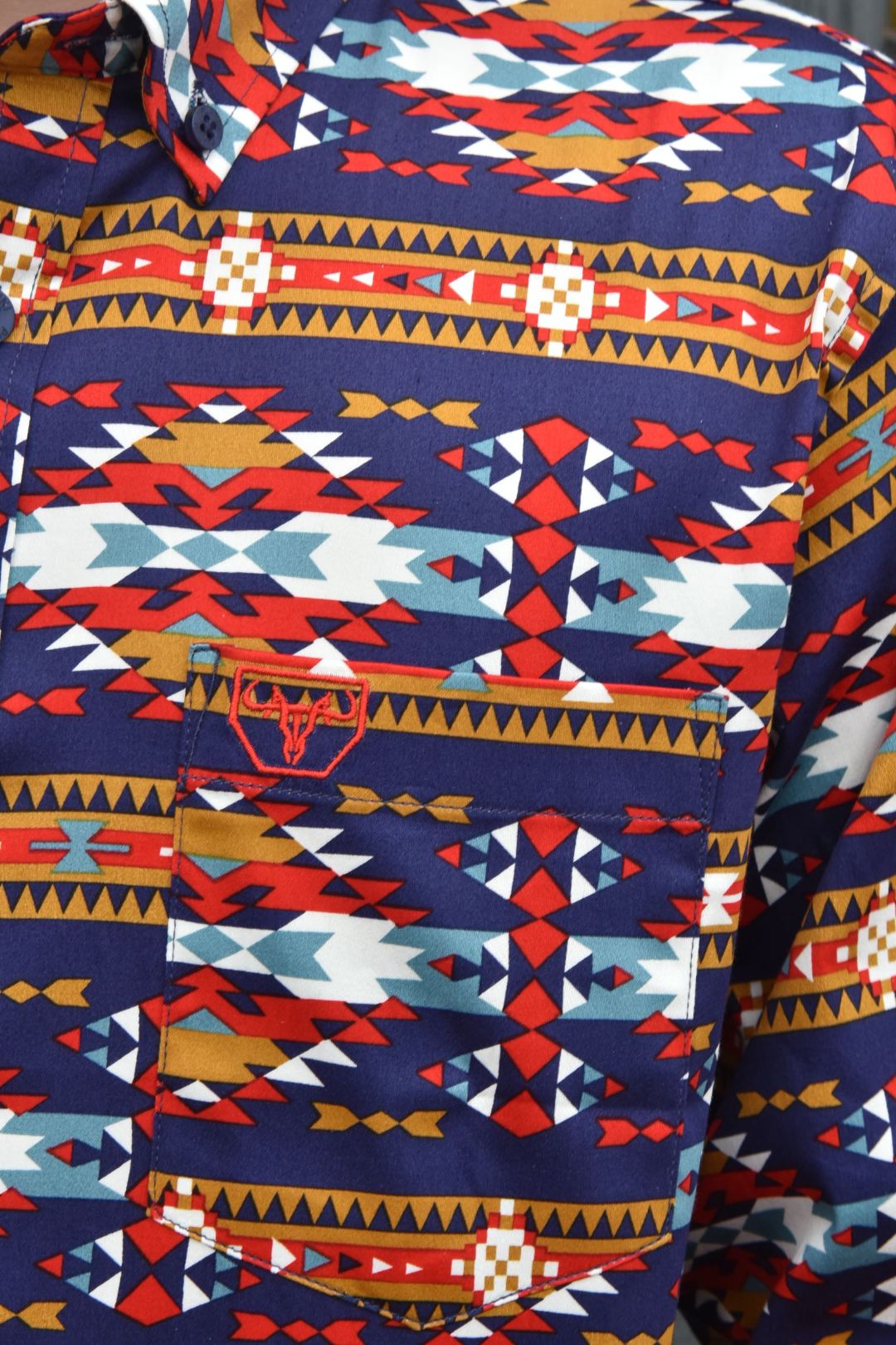 Kid's Cotton Navy Aztec Digital Print Dress Shirt