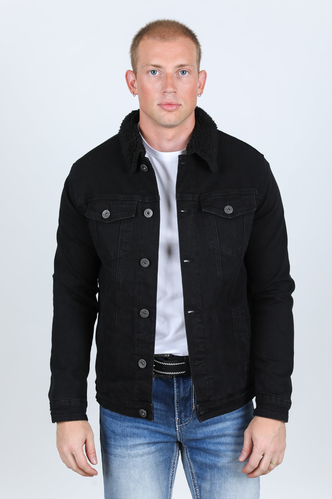 Mens Sherpa Lined Denim Jacket - Black