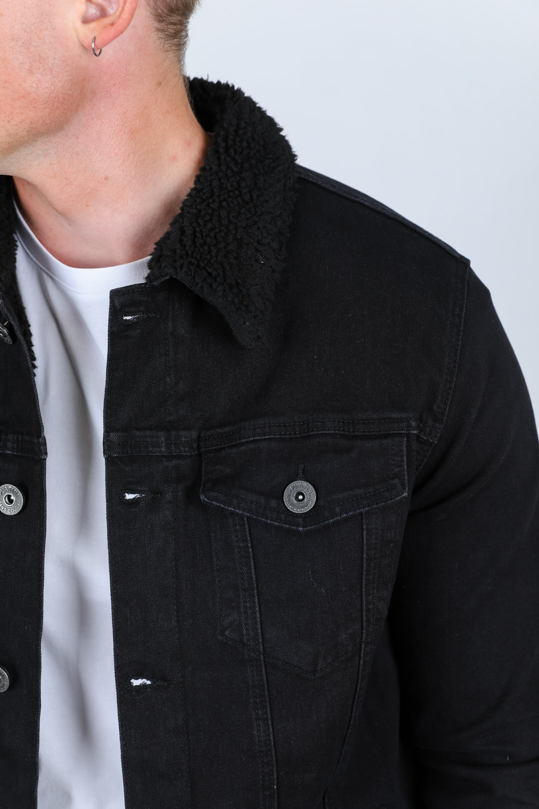 Mens Sherpa Lined Denim Jacket - Black