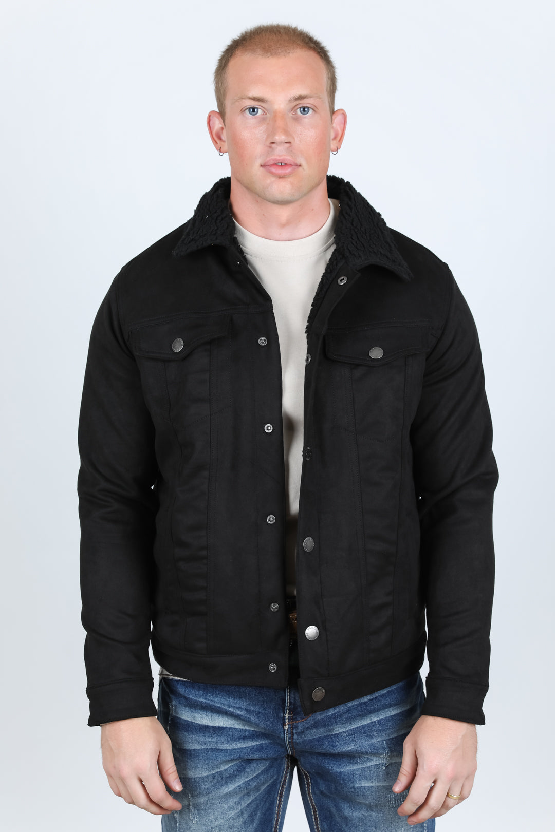 Mens Sherpa Lined Faux Suede Jacket - Black