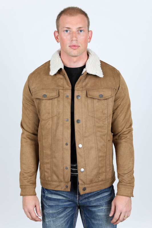 Mens Sherpa Lined Faux Suede Jacket - Camel