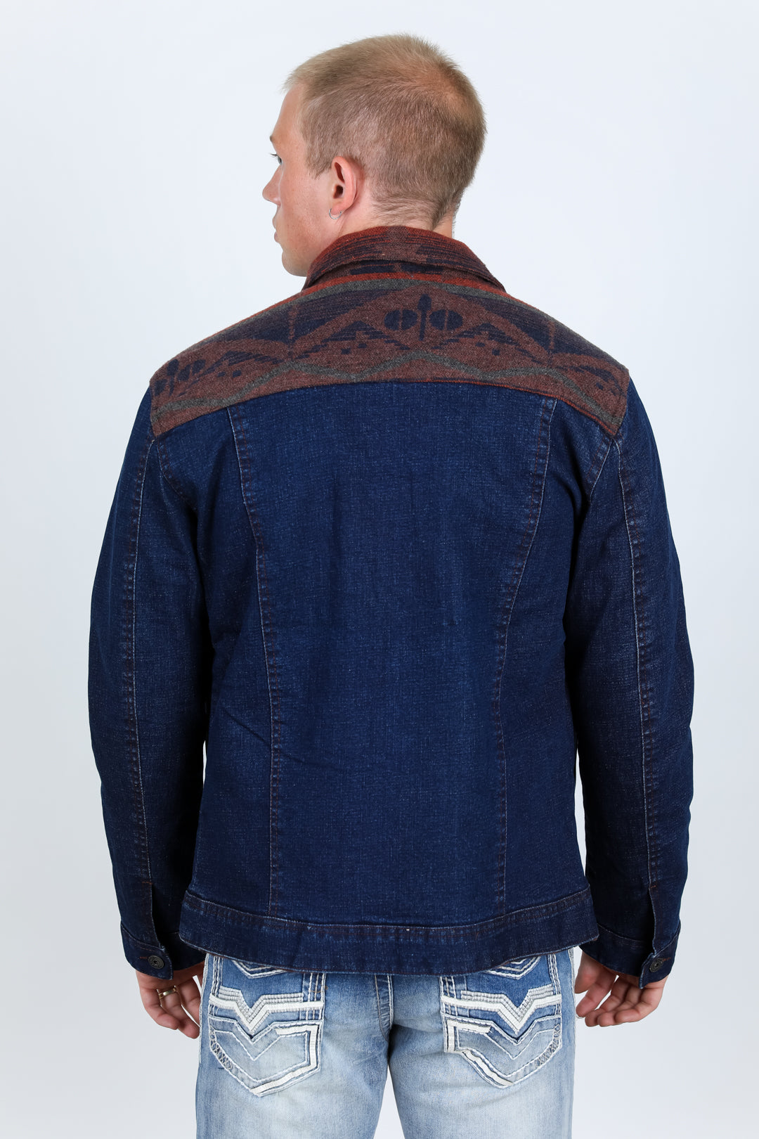 Mens Ethnic Aztec Denim Jacket - Indigo