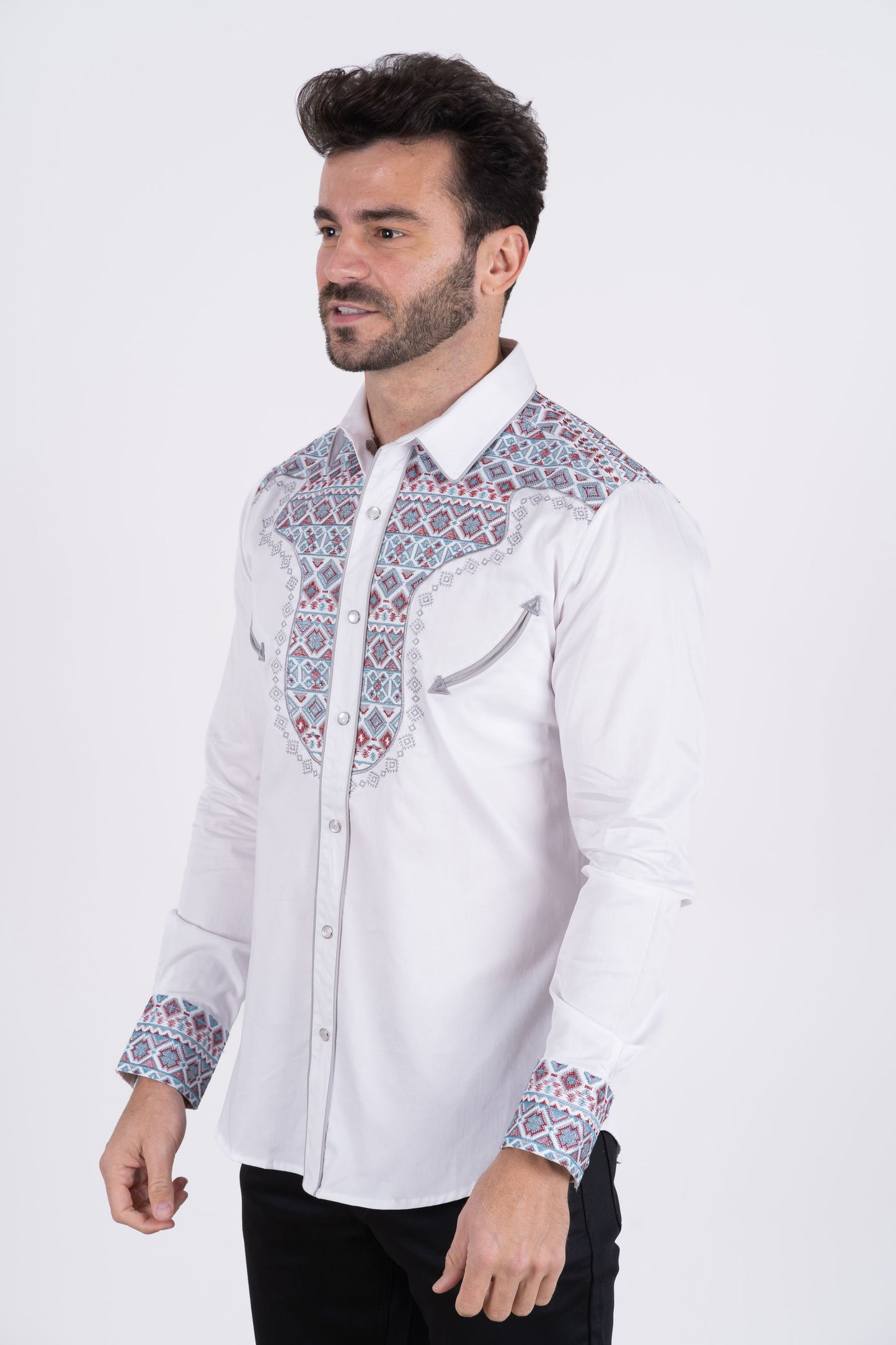 Men's Cotton White Embroidery Western Shirt