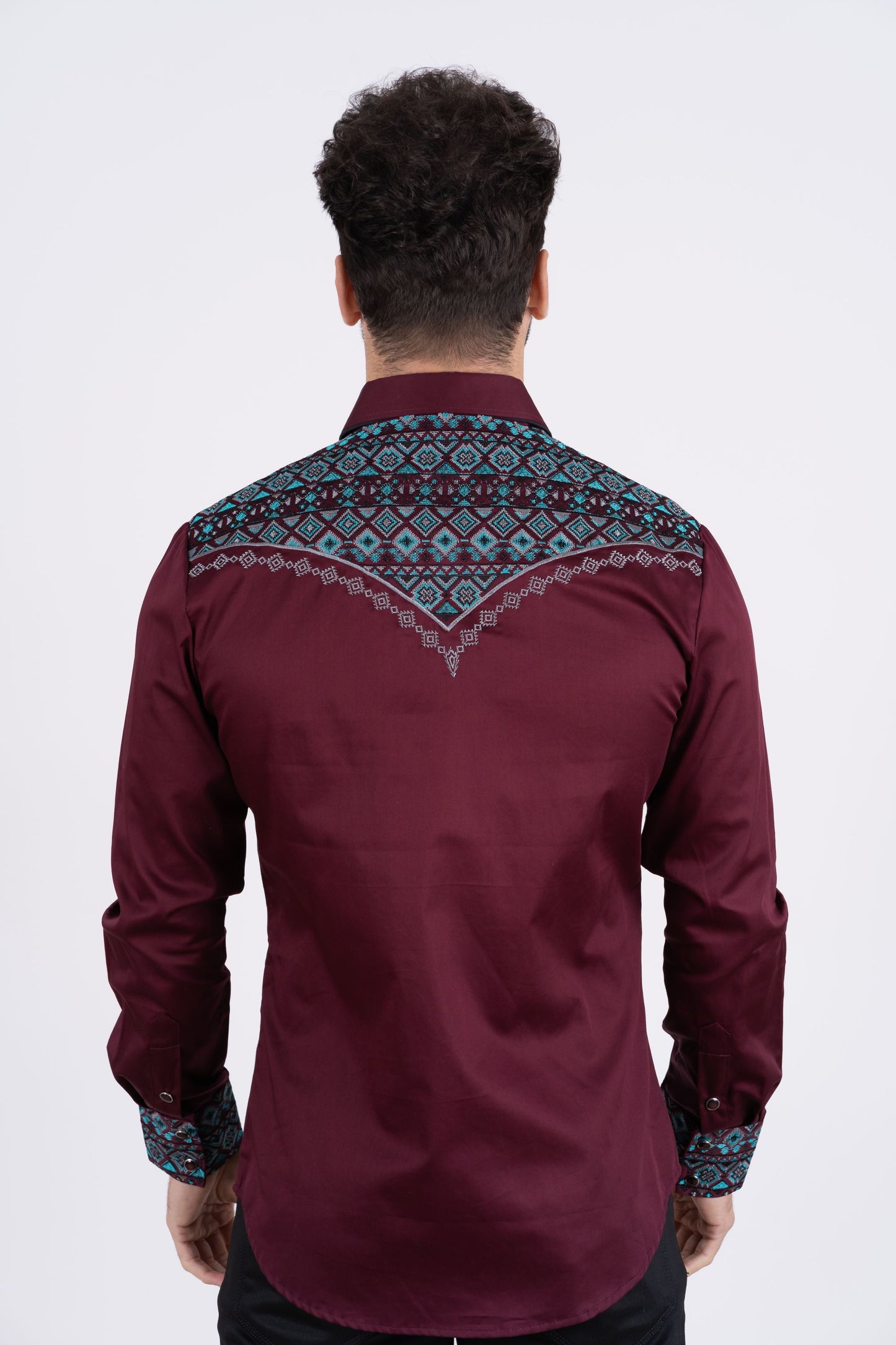 Men's Cotton Burgundy Embroidery Western Shirt