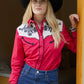 Ladies Cotton Red Embroidery Western Shirt With Suede