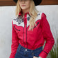Ladies Cotton Red Embroidery Western Shirt With Suede