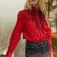 Ladies Cotton Red Embroidery Western Shirt