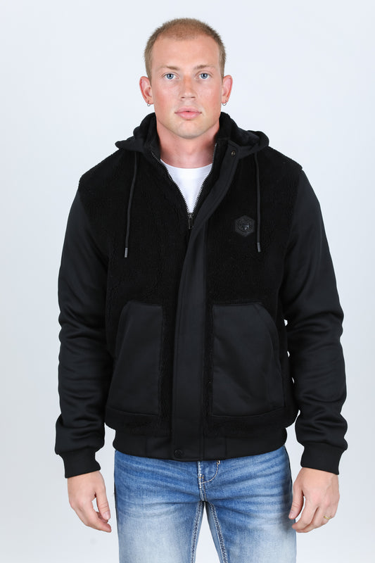 Mens Fur Lined Sherpa Hooded Jacket - Black