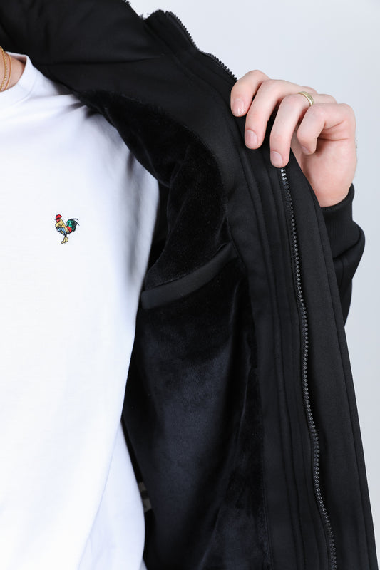black fur-lined quilted hooded jacket platini