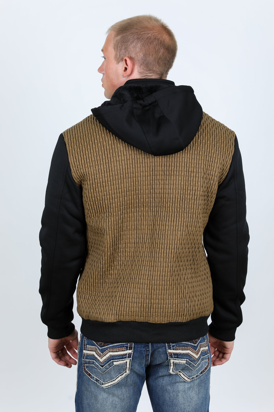 Mens Fur Lined Quilted Hooded Jacket - Camel