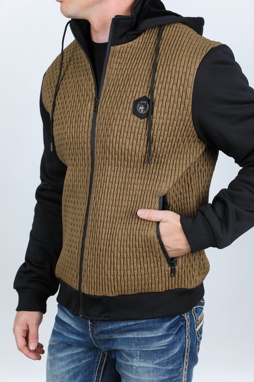 Mens Fur Lined Quilted Hooded Jacket - Camel