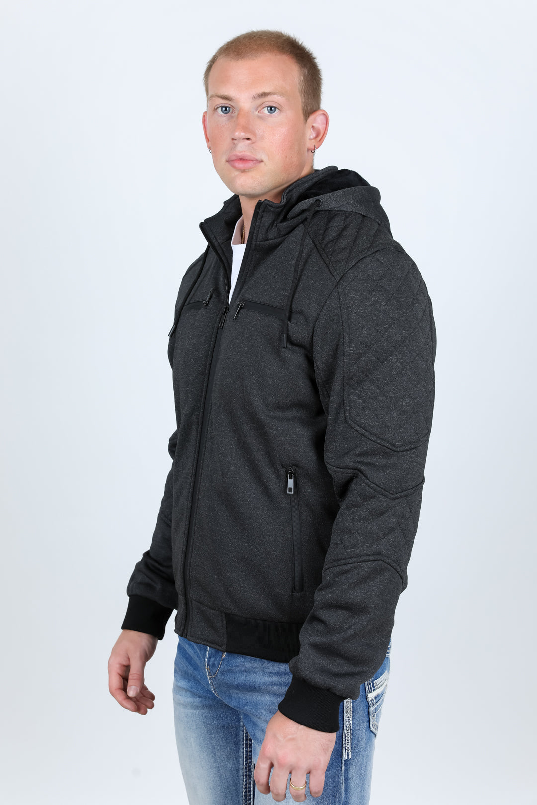 Mens Fur Lined Quilted Hooded Jacket - Charcoal