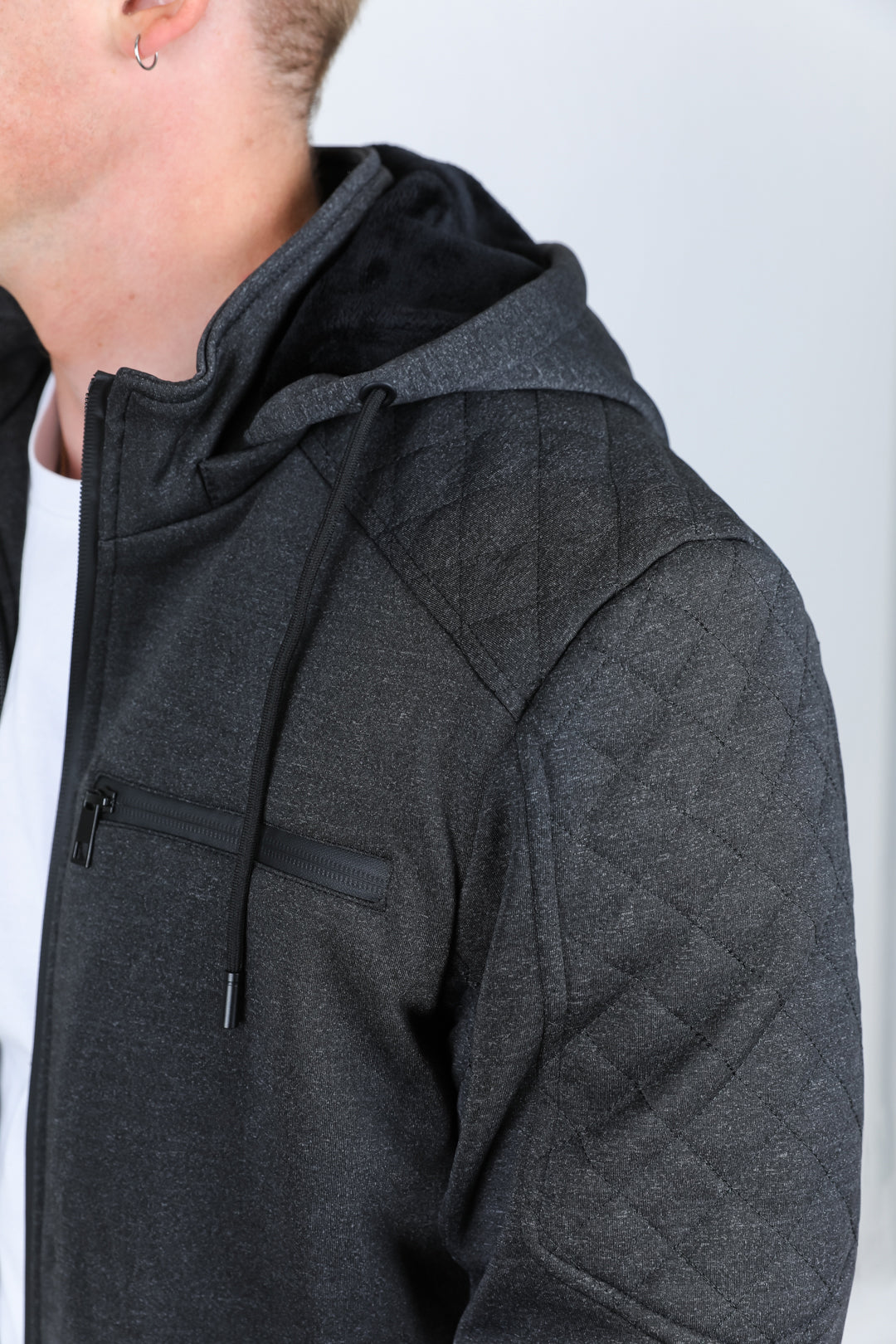 Mens Fur Lined Quilted Hooded Jacket - Charcoal