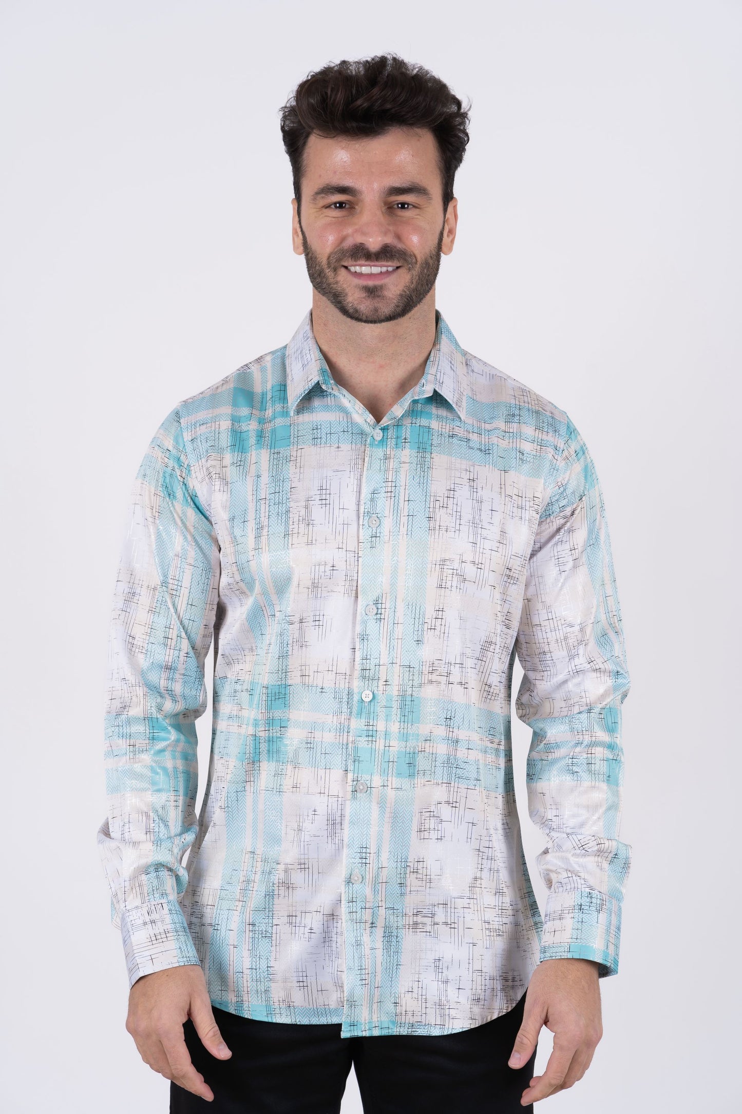 Men's Satin White Digital Print Dress Shirt