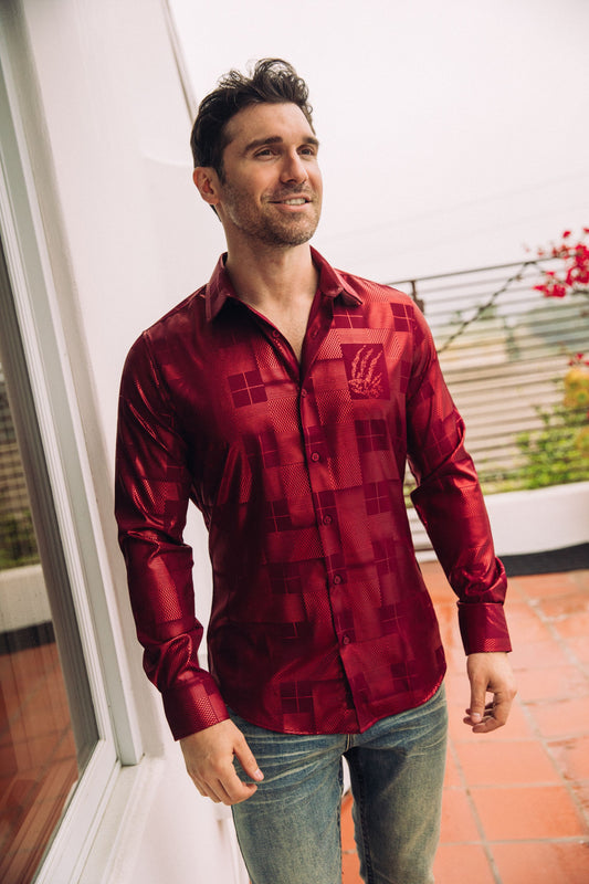 Men's Satin Burgundy Digital Print Dress Shirt