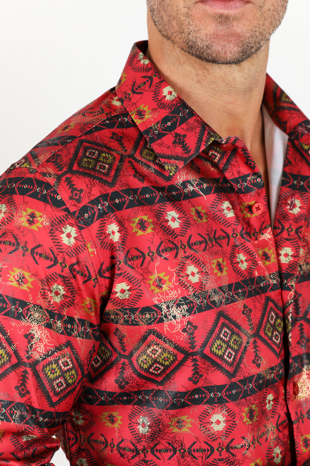 Satin Aztec Printed Dress Shirt - Red