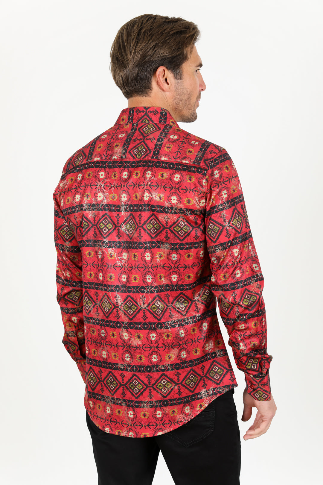 Satin Aztec Printed Dress Shirt - Red