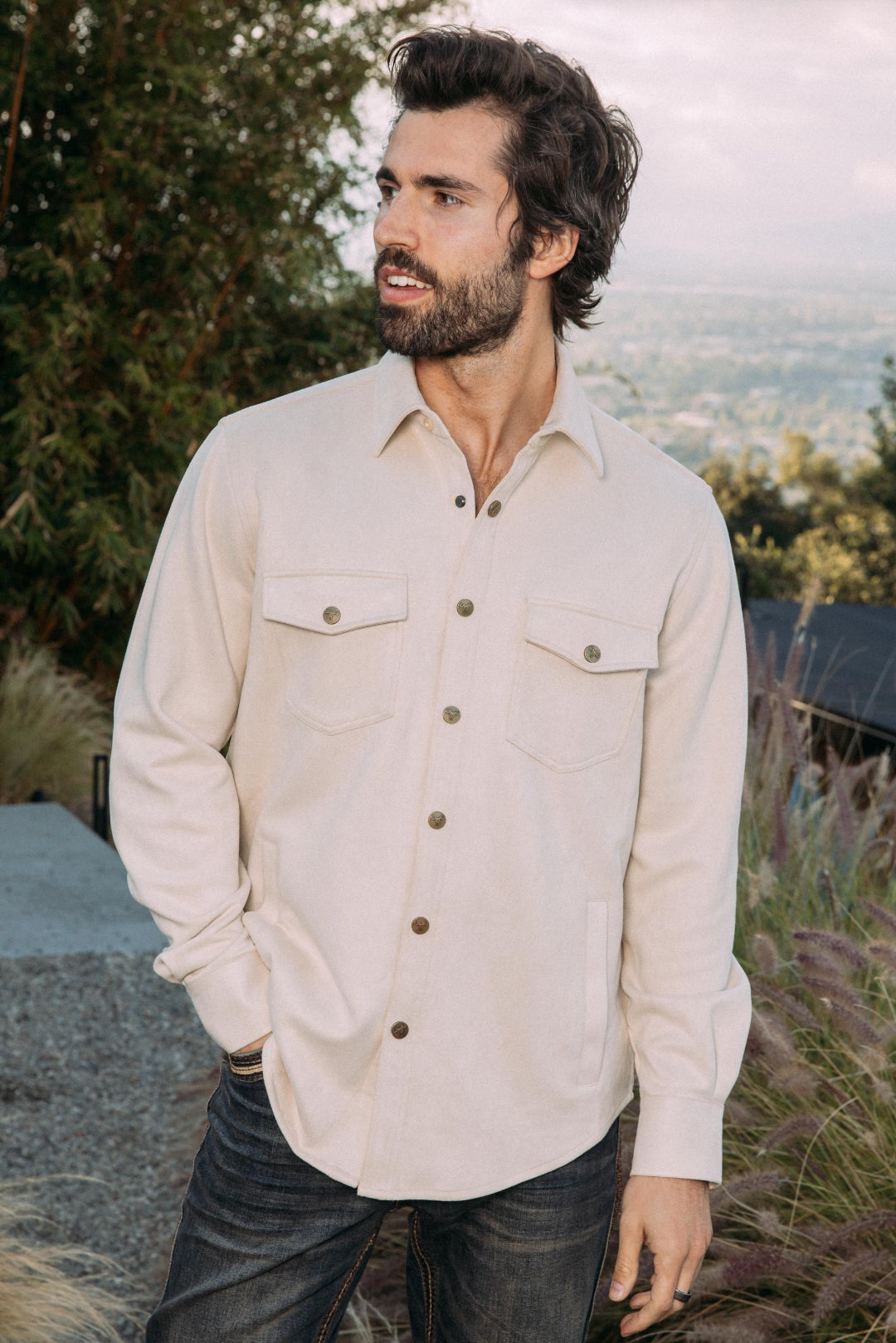 beige faux suede overshirt men