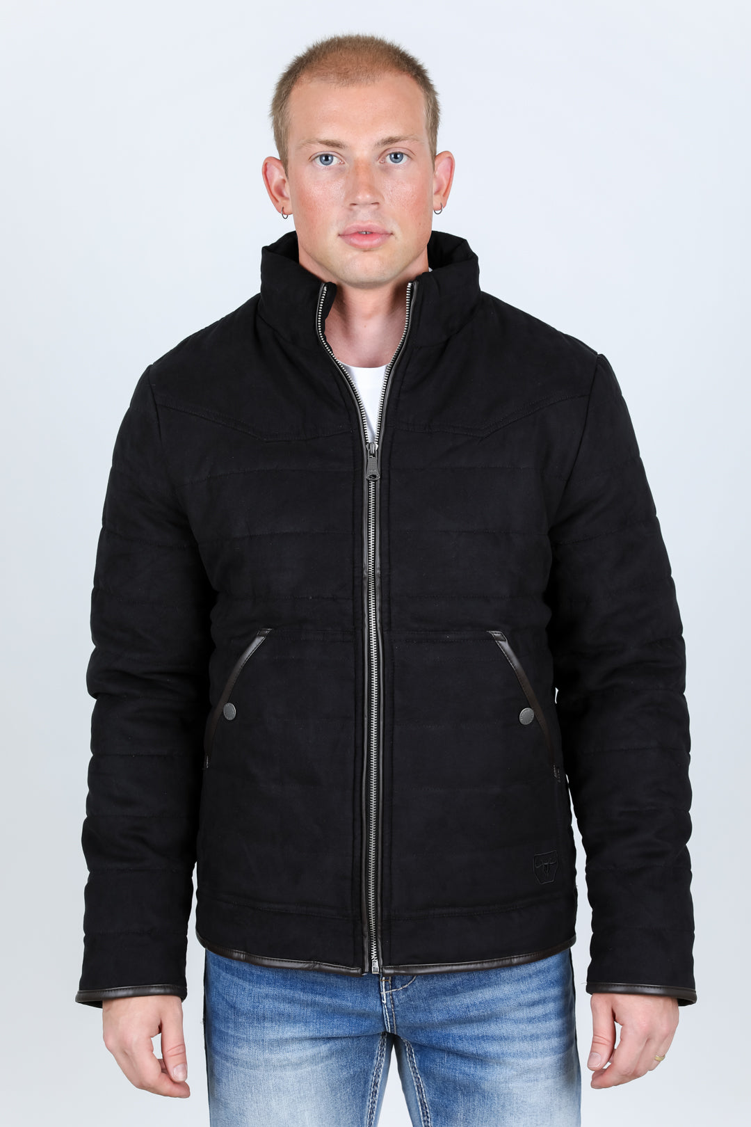 Mens Fur Lined Quilted Faux Suede Jacket - Black