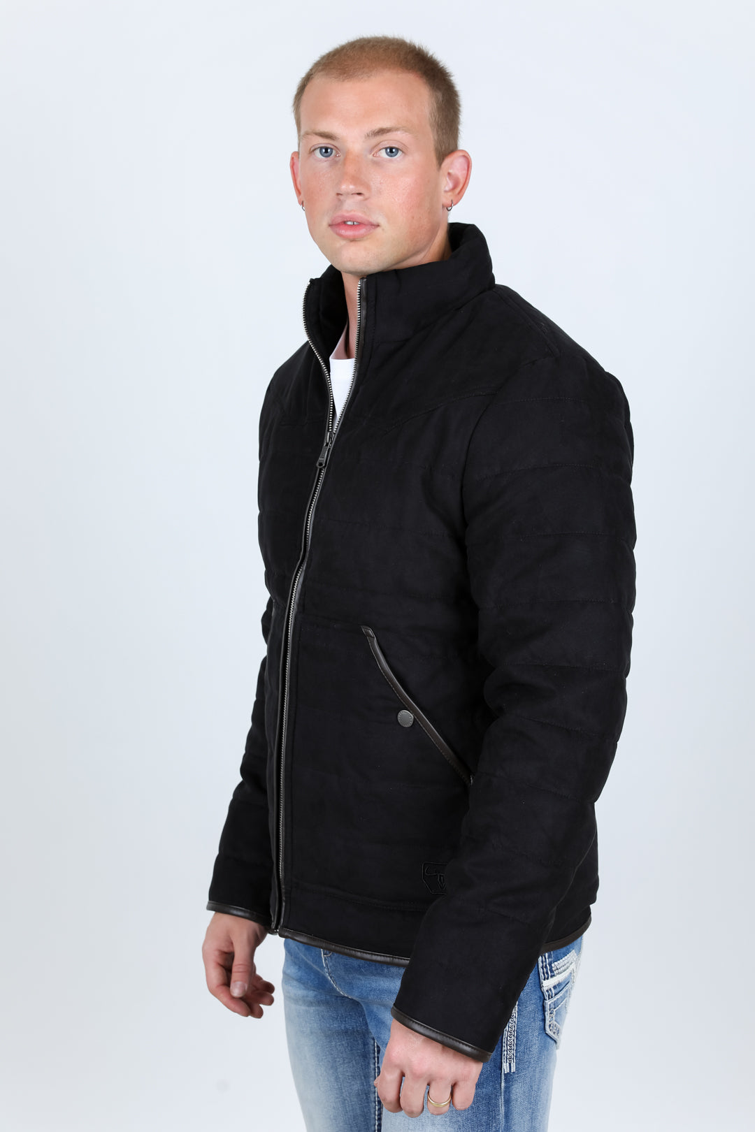 Mens Fur Lined Quilted Faux Suede Jacket - Black