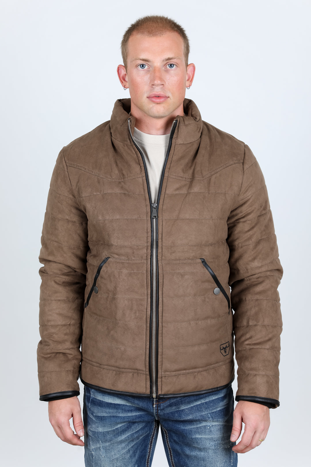 Mens Fur Lined Quilted Faux Suede Jacket - Brown