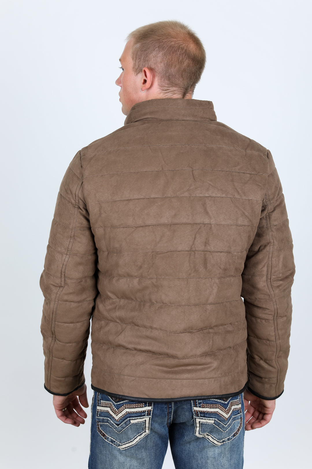 Mens Fur Lined Quilted Faux Suede Jacket - Brown