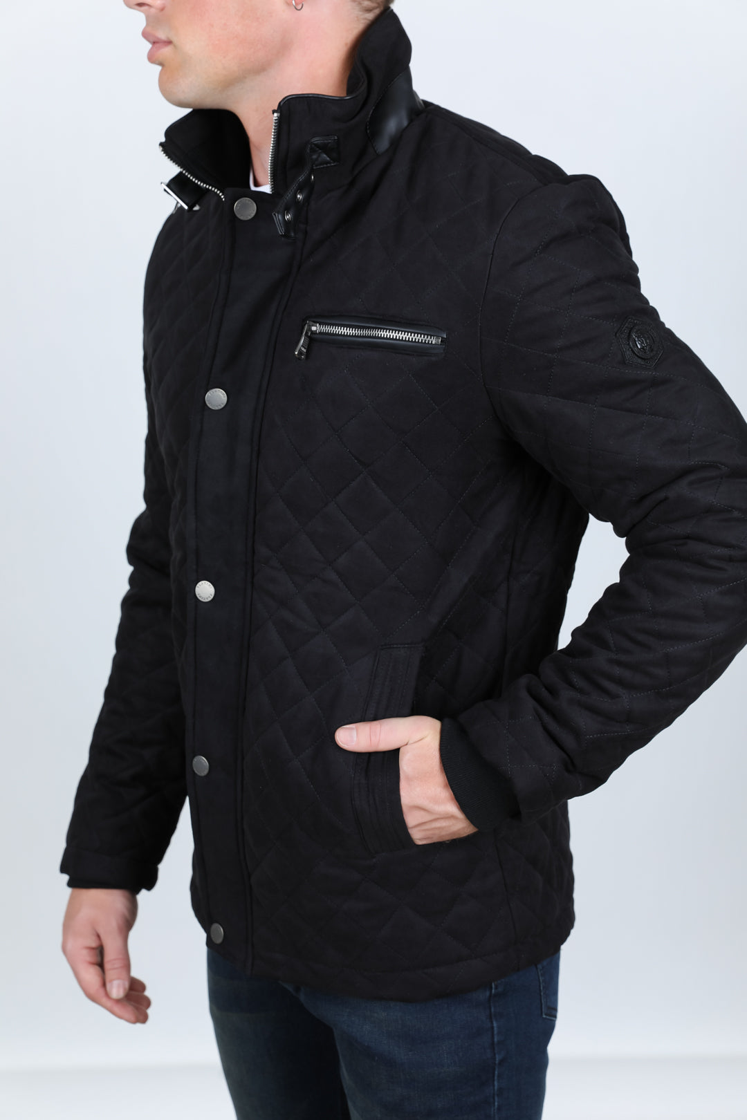 Mens Fur Lined Quilted Faux Suede Coat - Black
