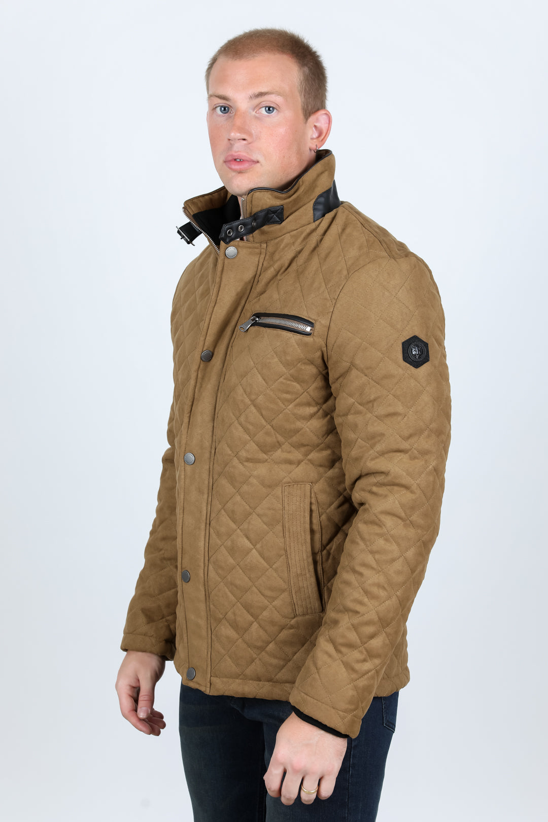 Mens Fur Lined Quilted Faux Suede Coat - Light Brown
