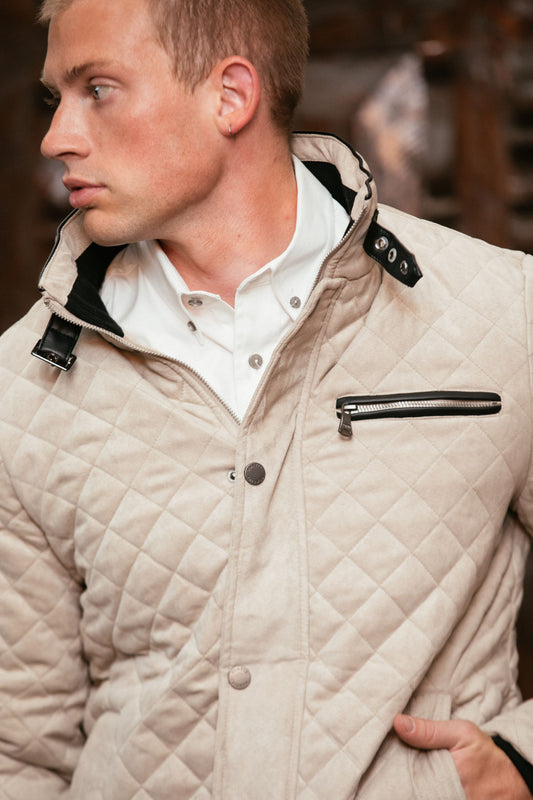 gray fur-lined quilted faux suede coat platini