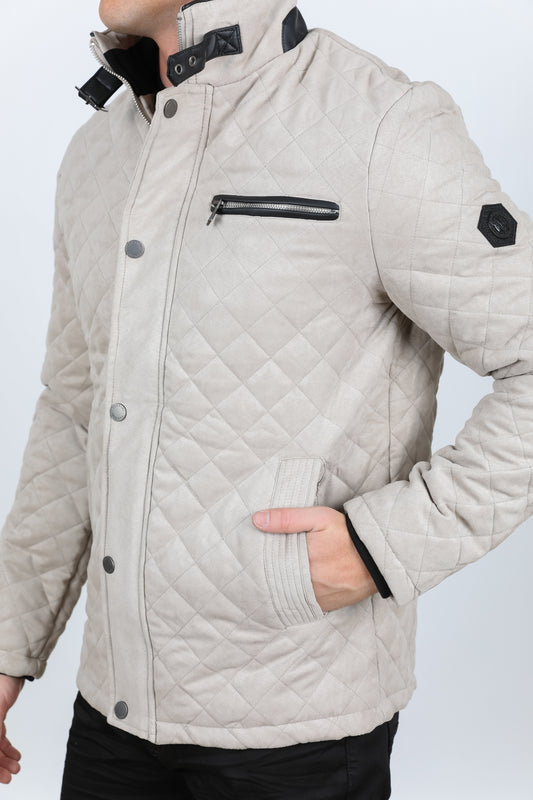 gray fur-lined quilted faux suede coat platini
