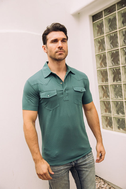 Mens Pearl Snap Buttons Teal Western Polo