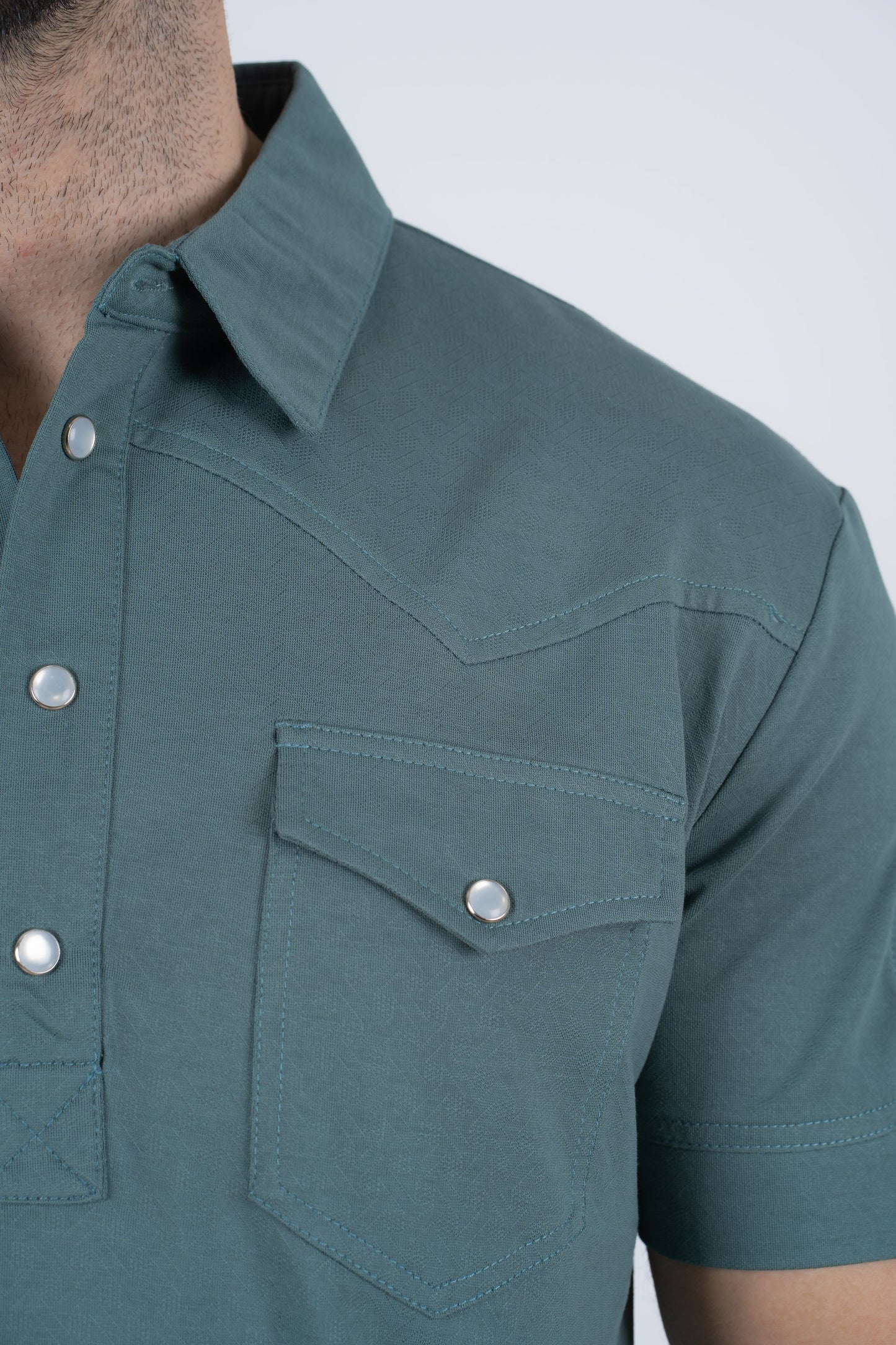 Mens Pearl Snap Buttons Teal Western Polo