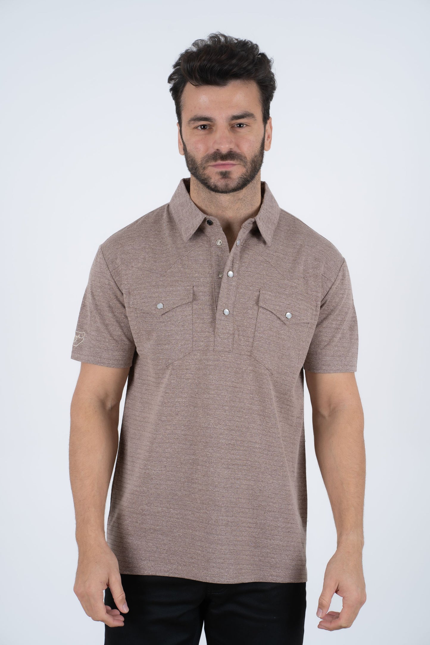 Mens Pearl Snap Buttons Brown Western Polo