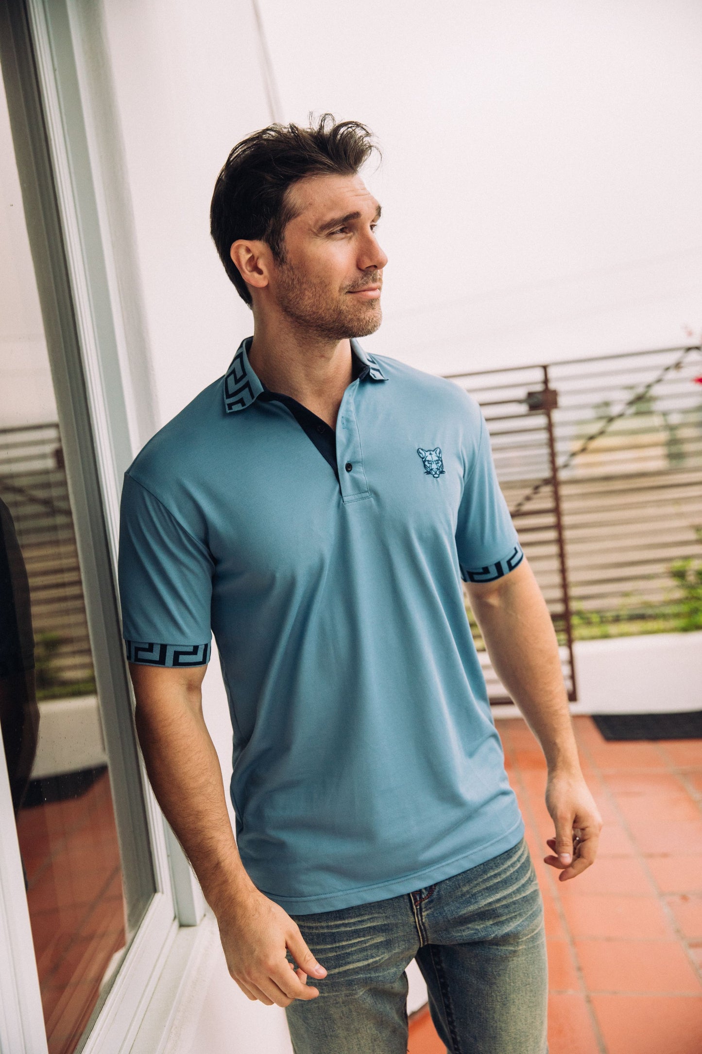 Cotton Knit Polo with Logo Embroidery - Light Blue