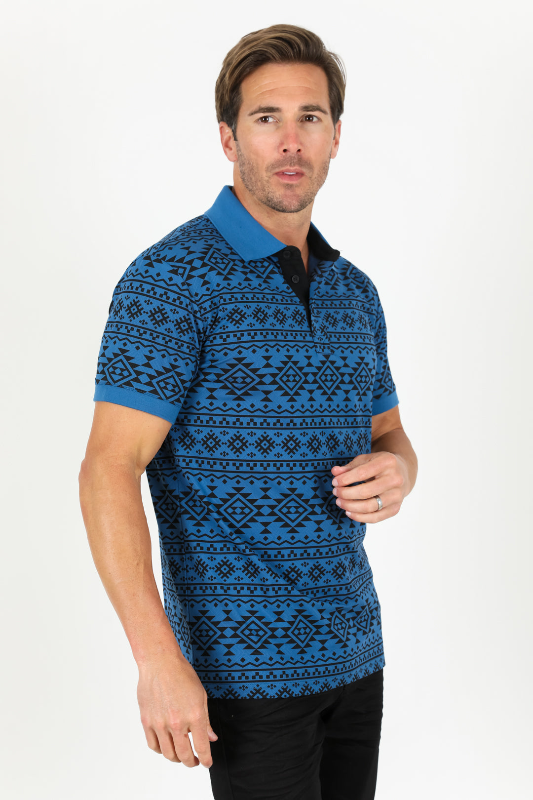 Men's Cotton Modern Fit Blue Aztec Printed Polo