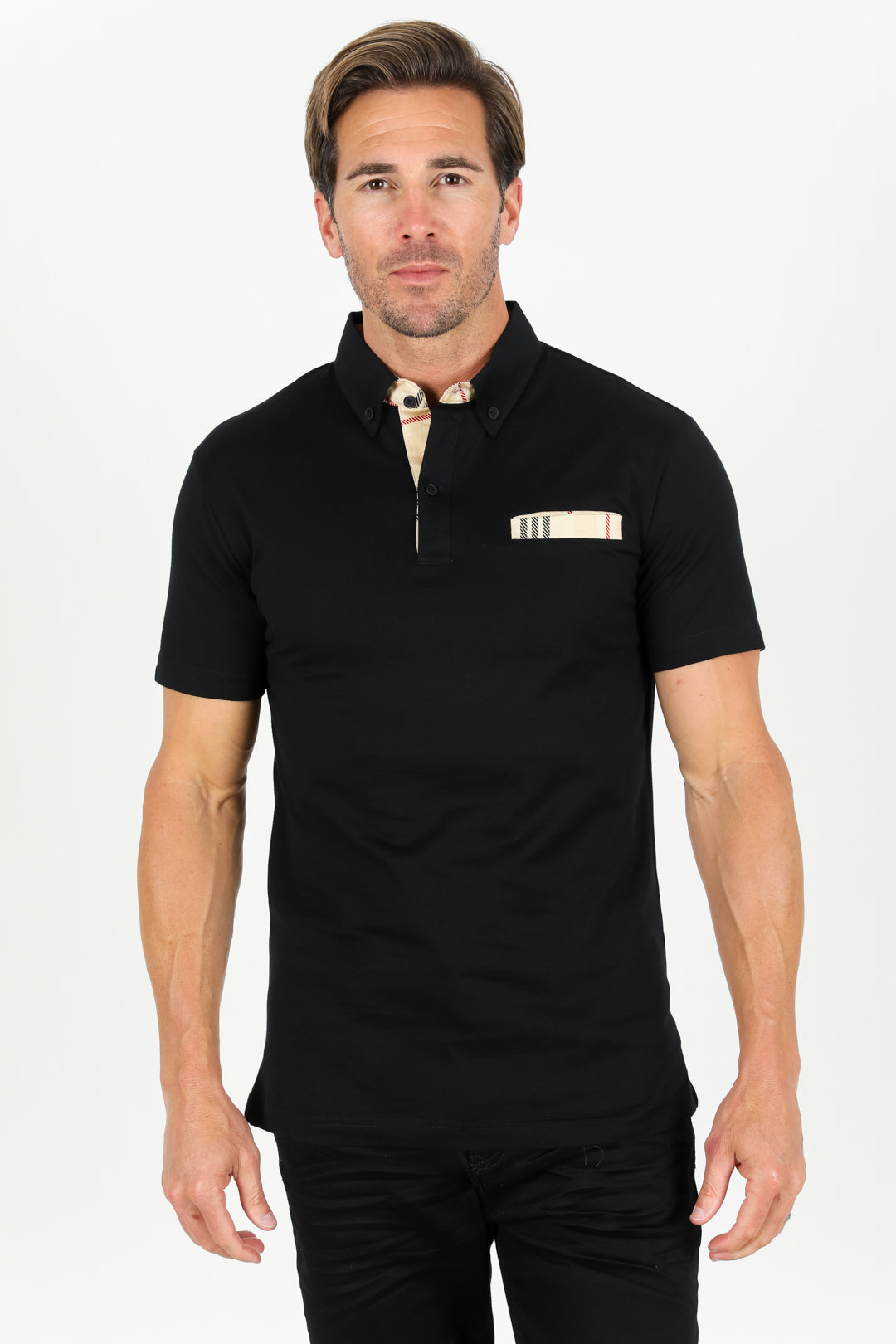Cotton Knit Polo with Chest Pocket - Black