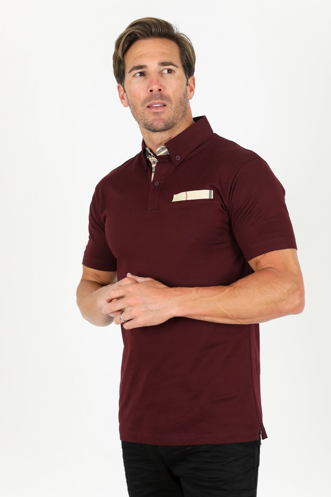 Cotton Knit Polo with Chest Pocket - Wine