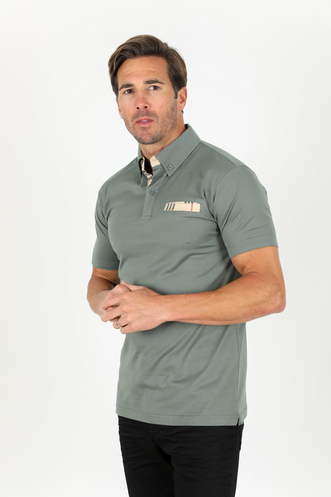 Cotton Knit Polo with Chest Pocket - Gray