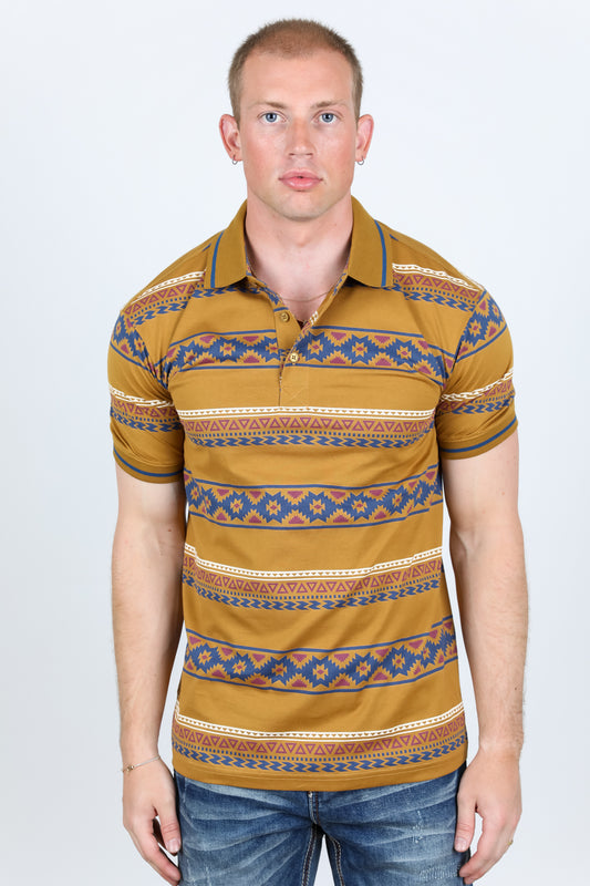 Cotton Modern Fit Aztec Printed Polo - Camel