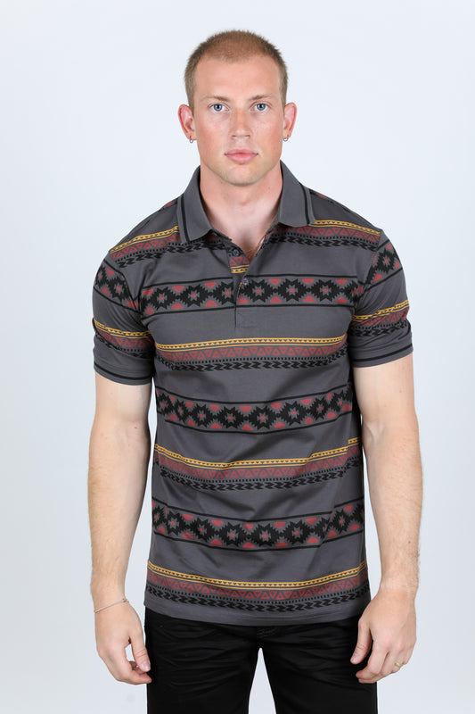 Cotton Modern Fit Aztec Printed Polo - Charcoal