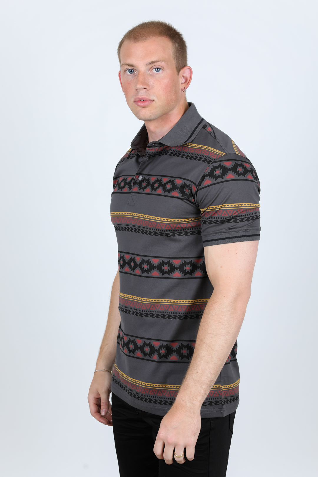 Cotton Modern Fit Aztec Printed Polo - Charcoal