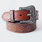 Genuine Leather Aztec Textured Buckle Belt - Brown