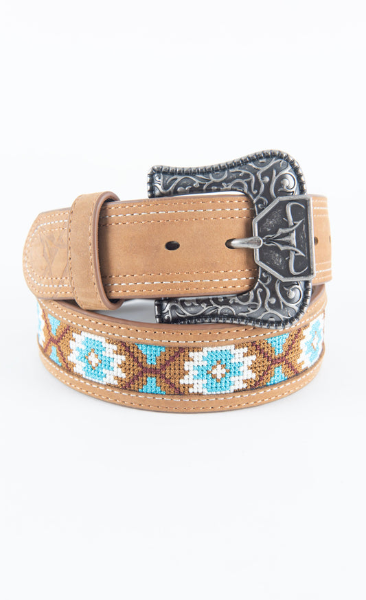 Mens Genuine Leather Aztec Embroidery Belt - Brown