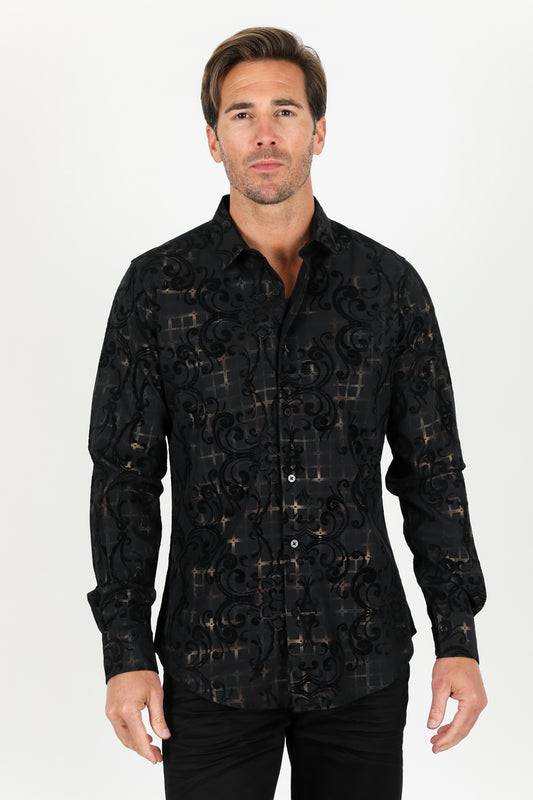 Men's Floral Flocked Modern Fit Spandex Shirt - Black