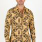 Men's Floral Flocked Modern Fit Spandex Shirt - Khaki