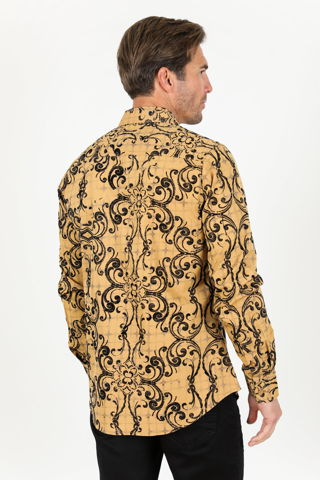 Men's Floral Flocked Modern Fit Spandex Shirt - Khaki