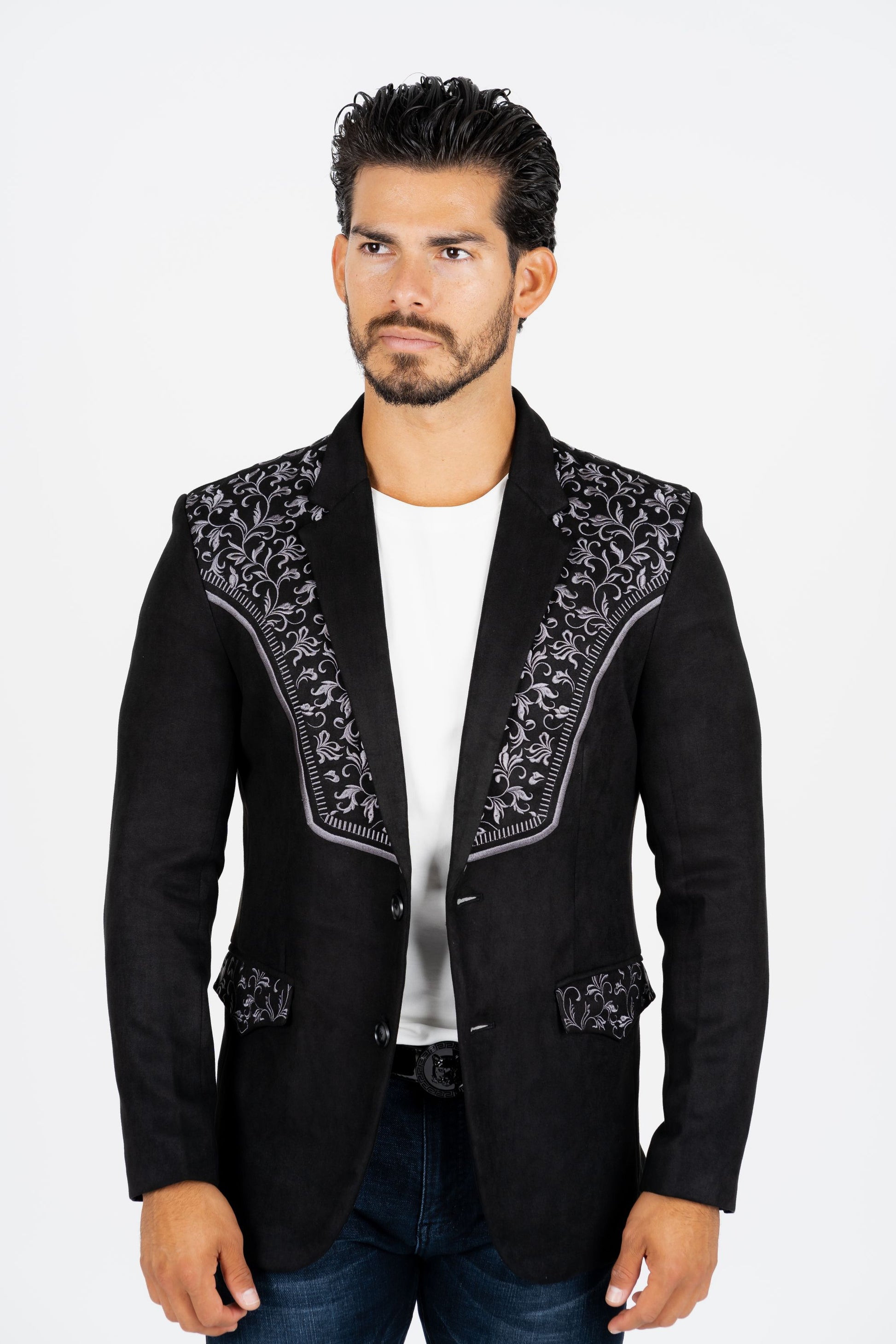 black embroidered suede blazer men platini front