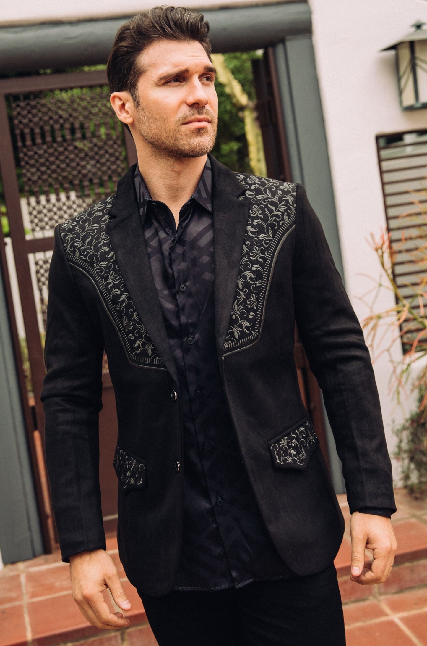 black embroidered suede blazer men platini front